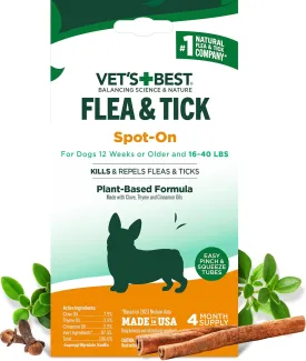 Vet's Best Flea & Tick Spot-on Drops - Topical Flea & Tick Prevention for Dogs - Plant-Based Formula - Certified Natural Oils - for Medium Dogs - 4 mo Supply