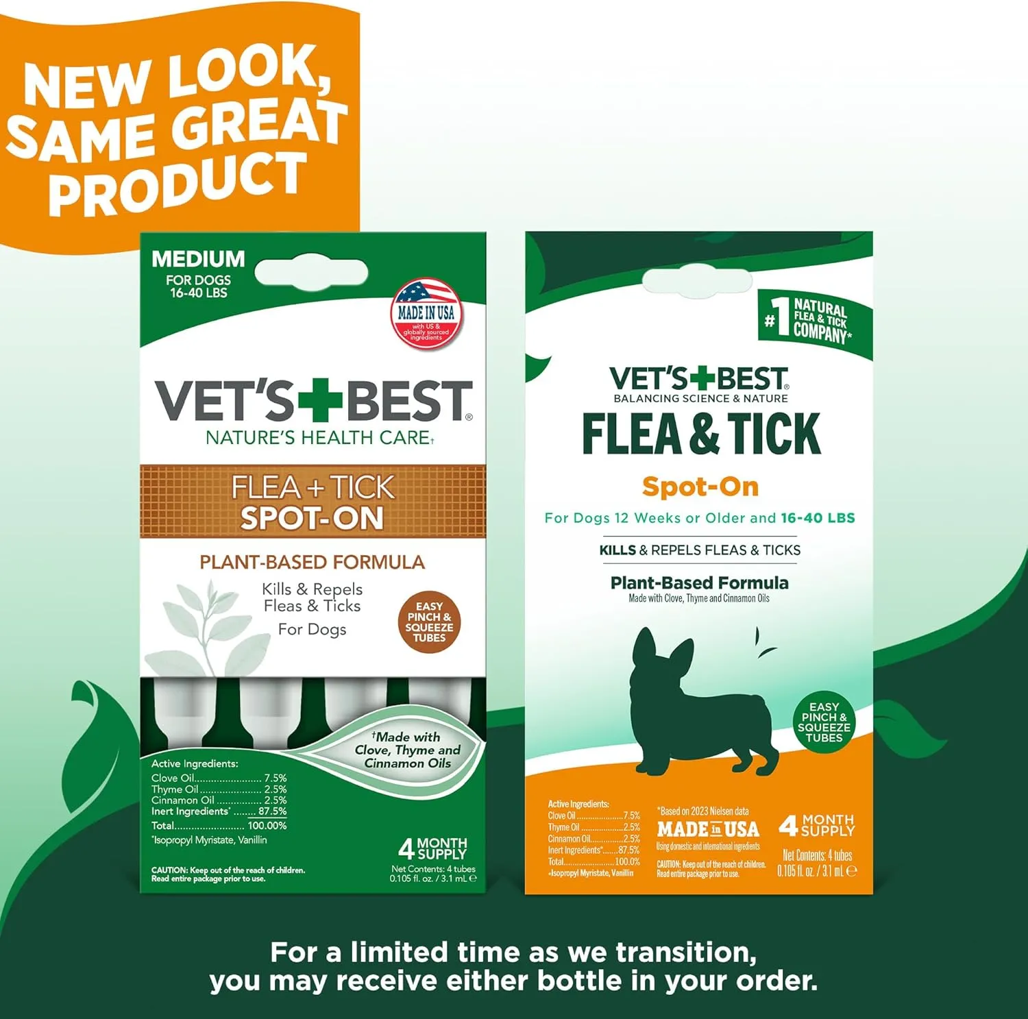 Vet's Best Flea & Tick Spot-on Drops - Topical Flea & Tick Prevention for Dogs - Plant-Based Formula - Certified Natural Oils - for Medium Dogs - 4 mo Supply