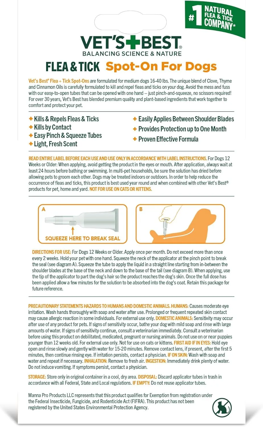 Vet's Best Flea & Tick Spot-on Drops - Topical Flea & Tick Prevention for Dogs - Plant-Based Formula - Certified Natural Oils - for Medium Dogs - 4 mo Supply