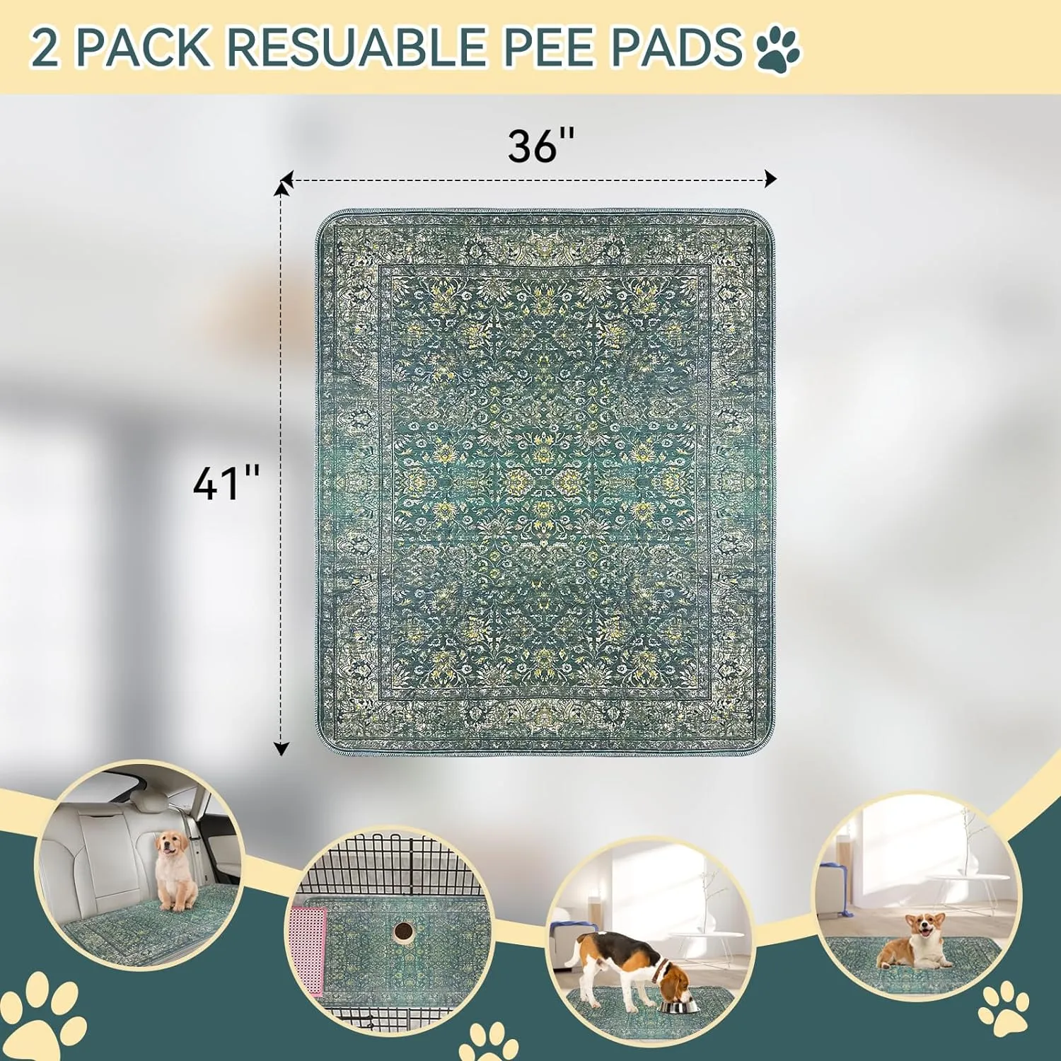 Washable Pee Pads for Dogs, Reusable Non-Slip Puppy Pads with Super Absorbent, Waterproof Rug for Training Travel Whelping Housebreaking Incontinence Crate